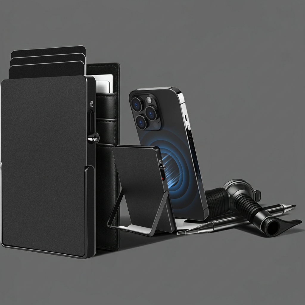 RFID Blocking Wallet Minimalist Slim Card Holder for Magsafe with Adjustable Stand, Metal Pop Up Magnetic Wallet  for Men TOYFID