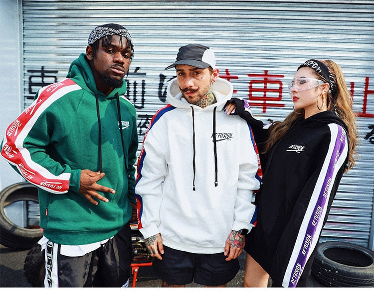 Men Side Letter Fleece Hooded Pullover Street Fashion Hip Hop