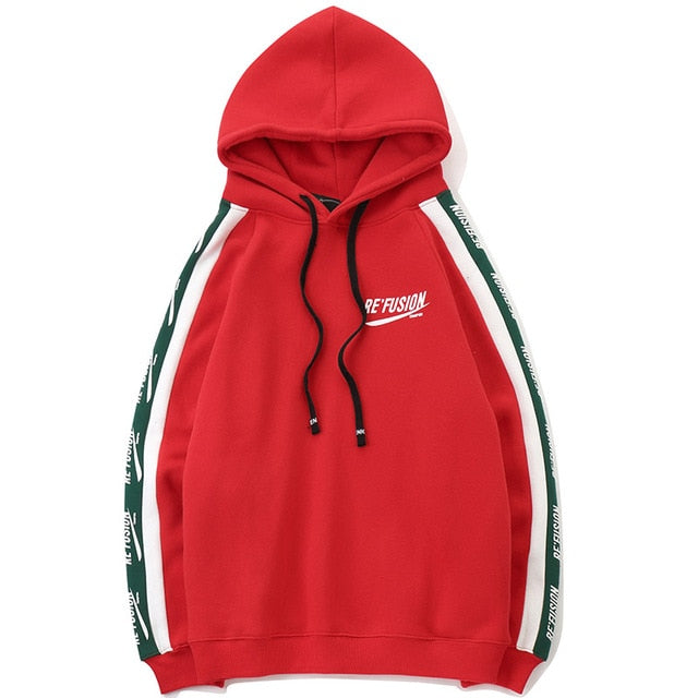 Men Side Letter Fleece Hooded Pullover Street Fashion Hip Hop