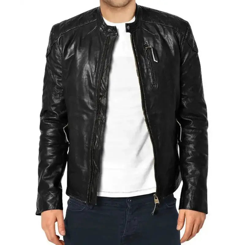 Men’s Slim Fit Black Leather Biker Jacket